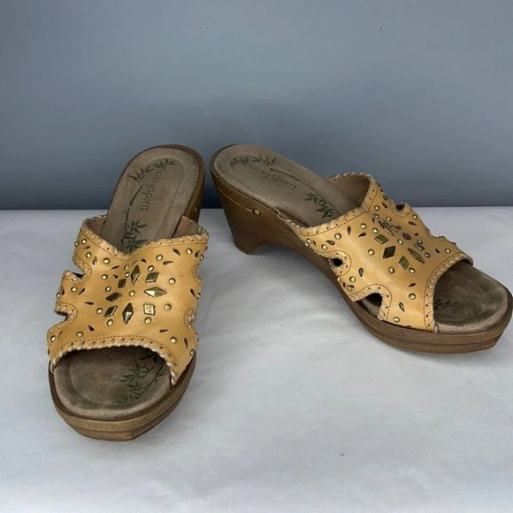 EASY SPIRIT Melinka Sandals Tan Cutout Leather Slide Brass Platform Size 7.5 - Picture 10 of 10